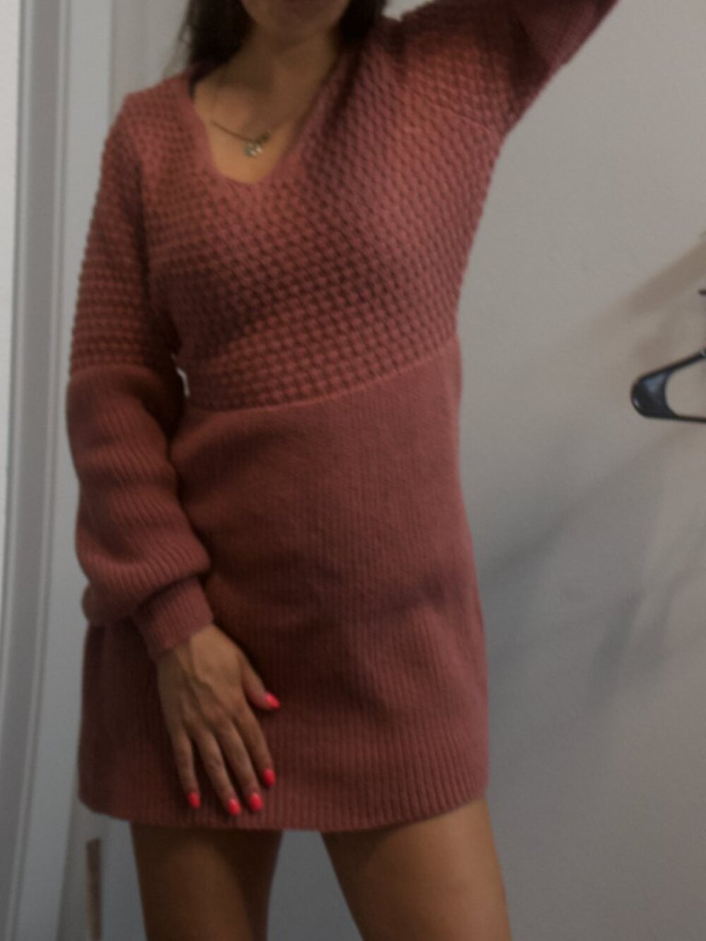 Cupshe Mauve Knit Sweater Dress XS V-Neck Long Sleeve Mini Cozy